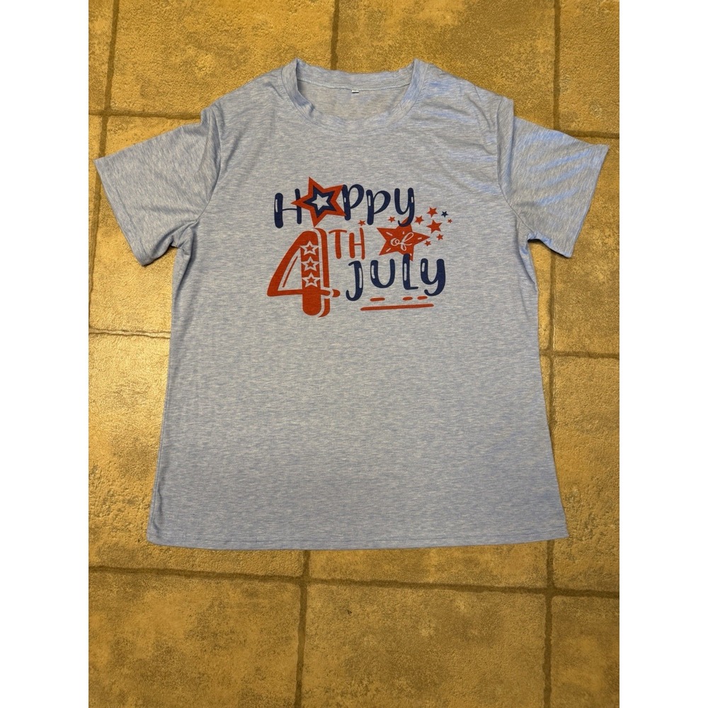 Happy 4th of July Patriotic Graphic T-Shirt Light Blue Red White XL